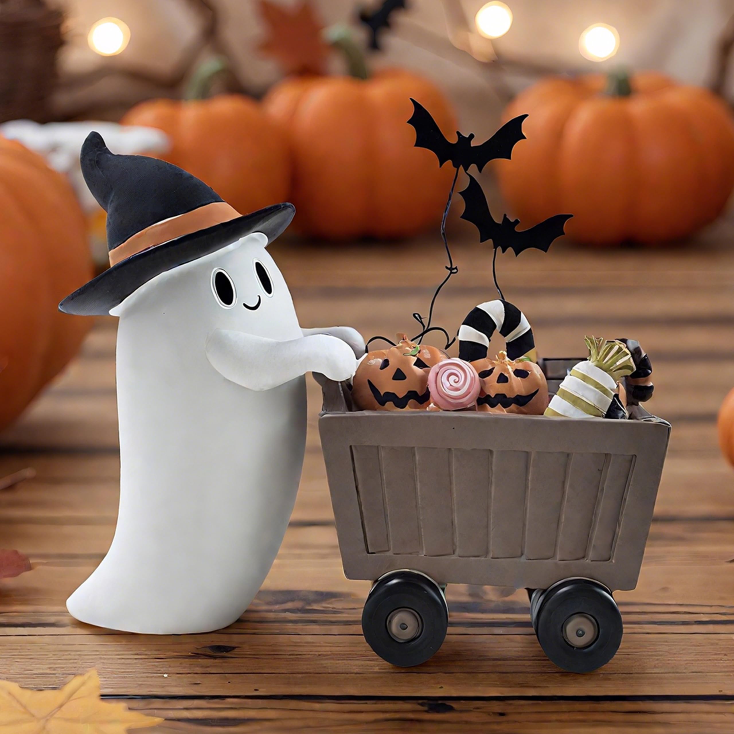 Resin Small White Ghost Figurines, 3PCS Ghosts with Witch Hats, Cute Ghost Statue for Spooky Halloween Decor, for Indoor Halloween Party Tabletop Home Shelf Decoration